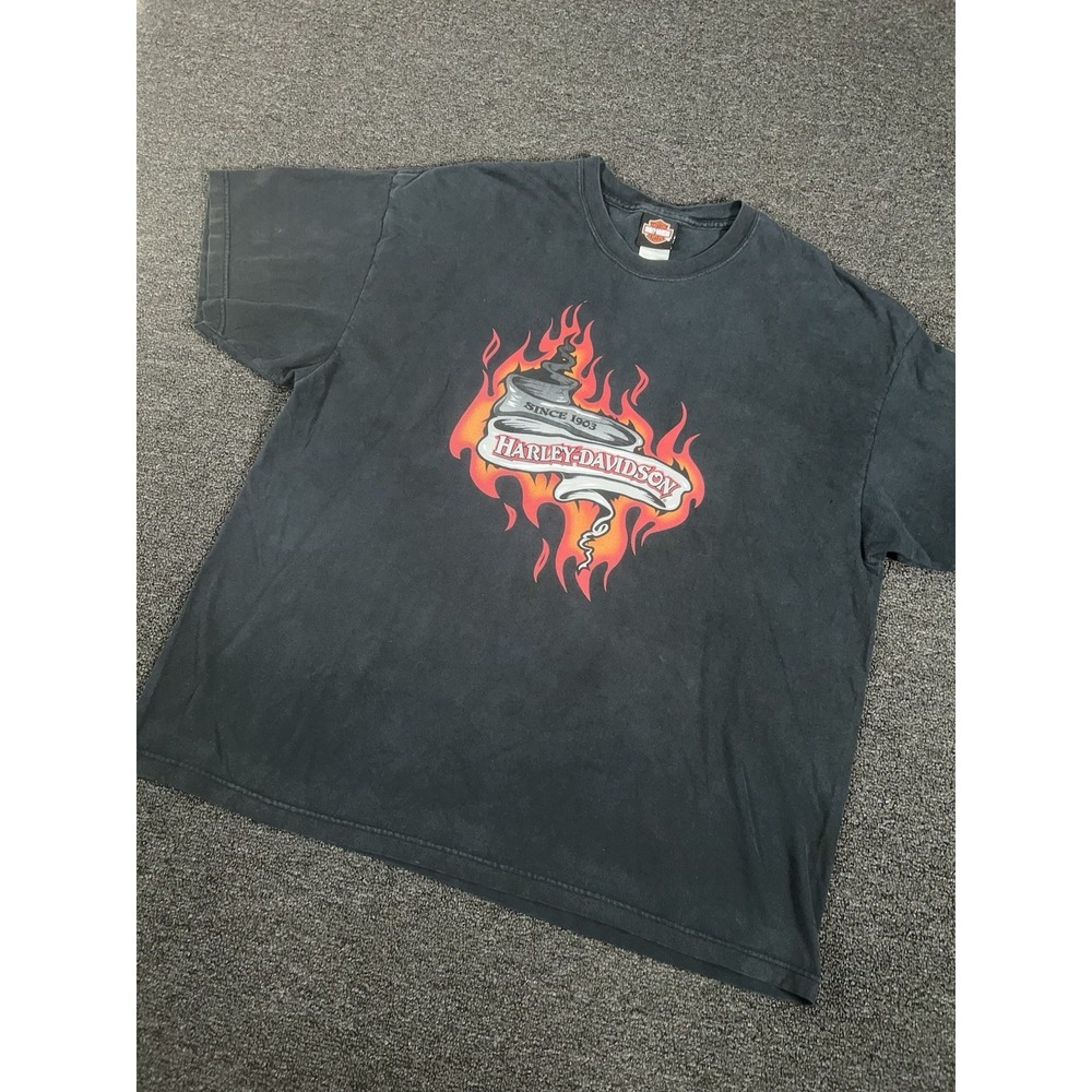 VTG Harley Davidson T Shirt Men's 2XL Black Flames AOP Distressed USA Made 90s